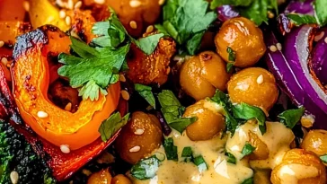 Roasted Veggie & Chickpea Bowls with Maple Dijon Tahini Dressing