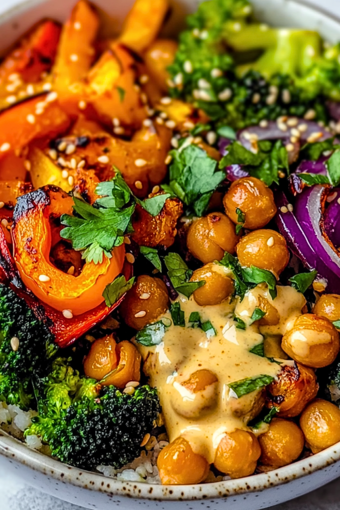 Roasted Veggie & Chickpea Bowls with Maple Dijon Tahini Dressing Roasted Veggie & Chickpea Bowls with Maple Dijon Tahini Dressing