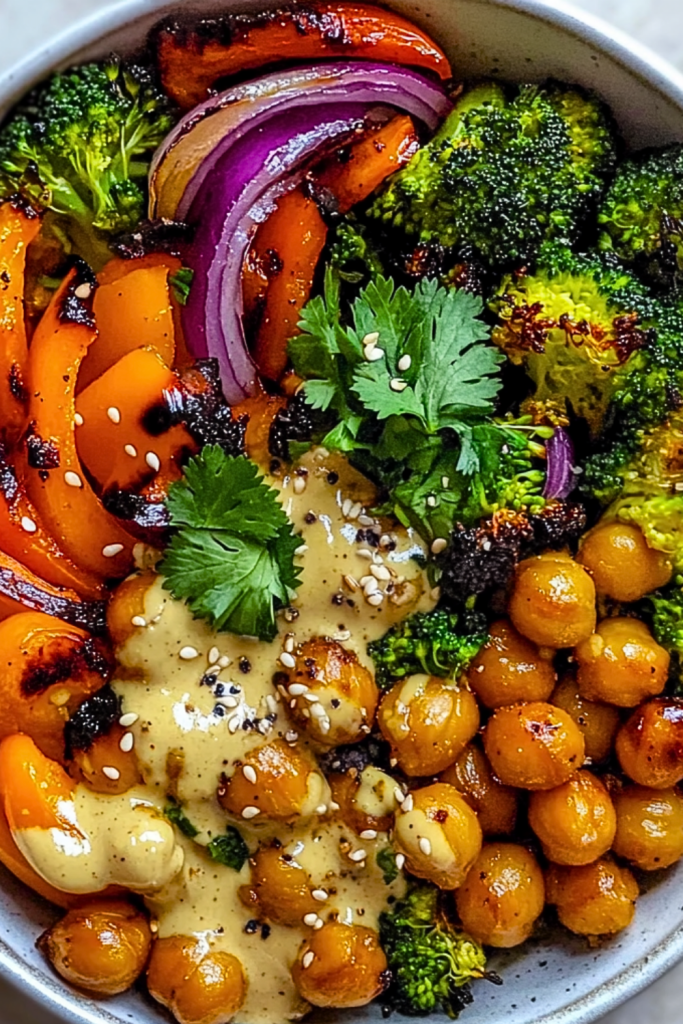 Roasted Veggie & Chickpea Bowls with Maple Dijon Tahini Dressing Roasted Veggie & Chickpea Bowls with Maple Dijon Tahini Dressing