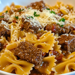 Creamy Beef Bowtie Pasta with Garlic Parmesan Sauce