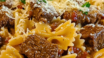 Creamy Beef Bowtie Pasta with Garlic Parmesan Sauce