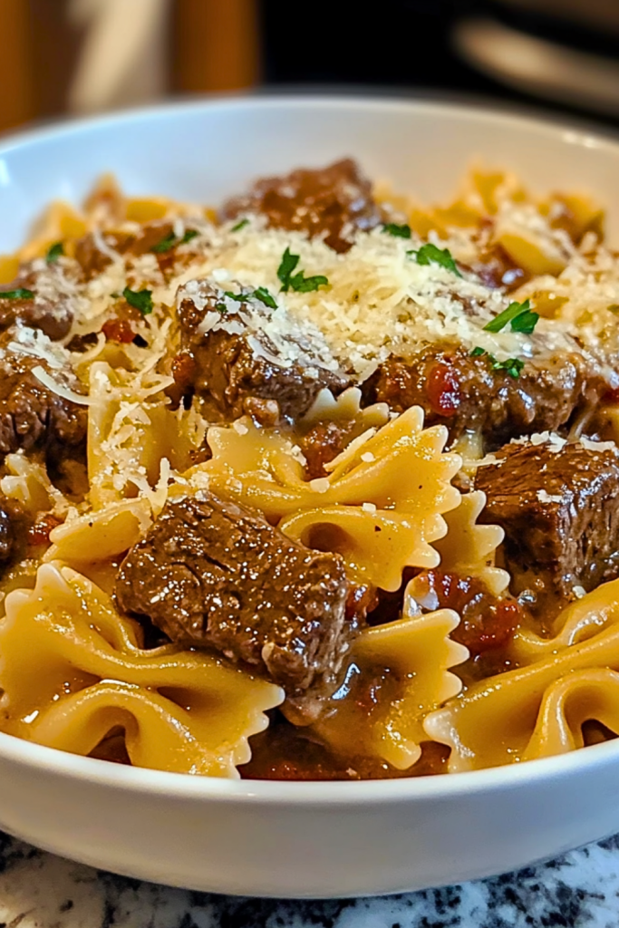 Creamy Beef Bowtie Pasta with Garlic Parmesan Sauce