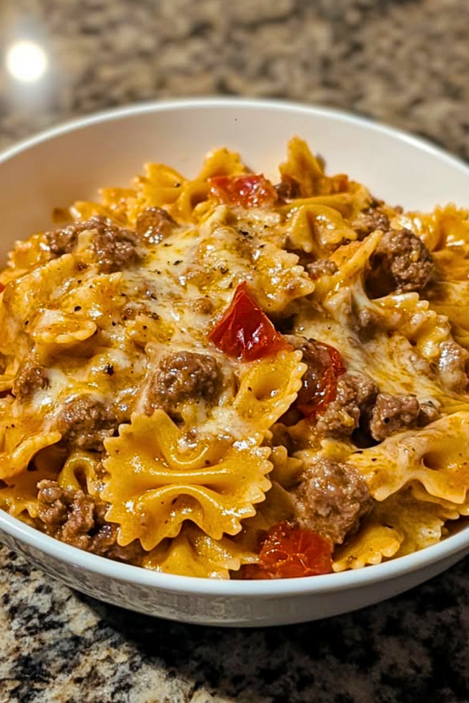 Creamy Beef Bowtie Pasta with Garlic Parmesan Sauce