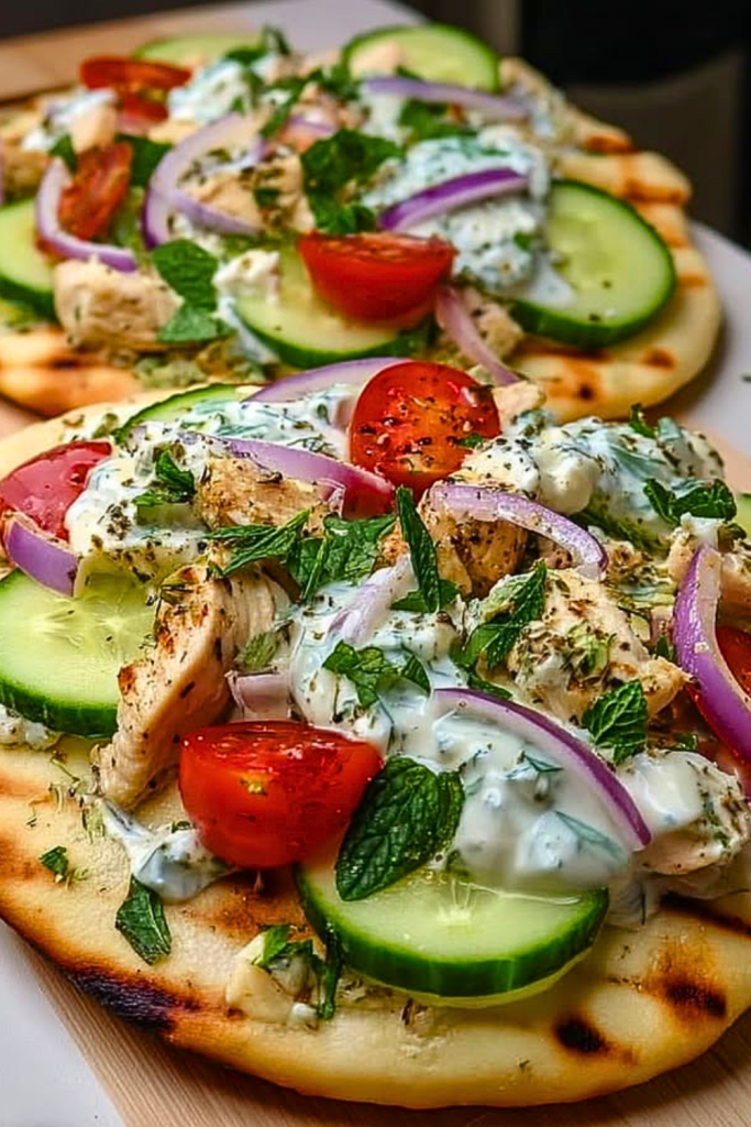 Mediterranean Tzatziki Chicken Naan Pizza Mediterranean Tzatziki Chicken Naan Pizza