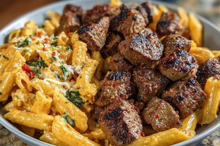 Cajun Steak Tips in Cheesy Penne Parmesan Sauce