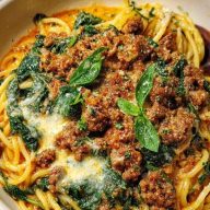 Cheesy Garlic Butter Spaghetti with Italian Sausage & Spinach
