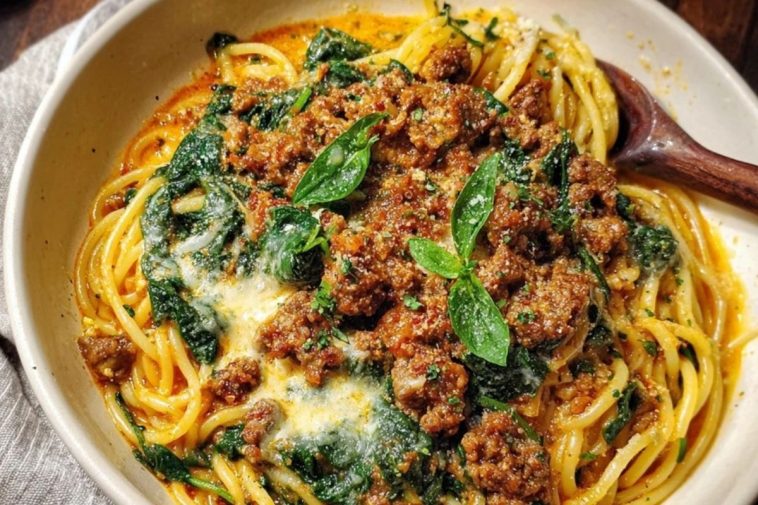 Cheesy Garlic Butter Spaghetti with Italian Sausage & Spinach