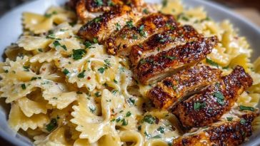 Cheesy Garlic Cajun Chicken Bowtie Pasta in Alfredo Sauce