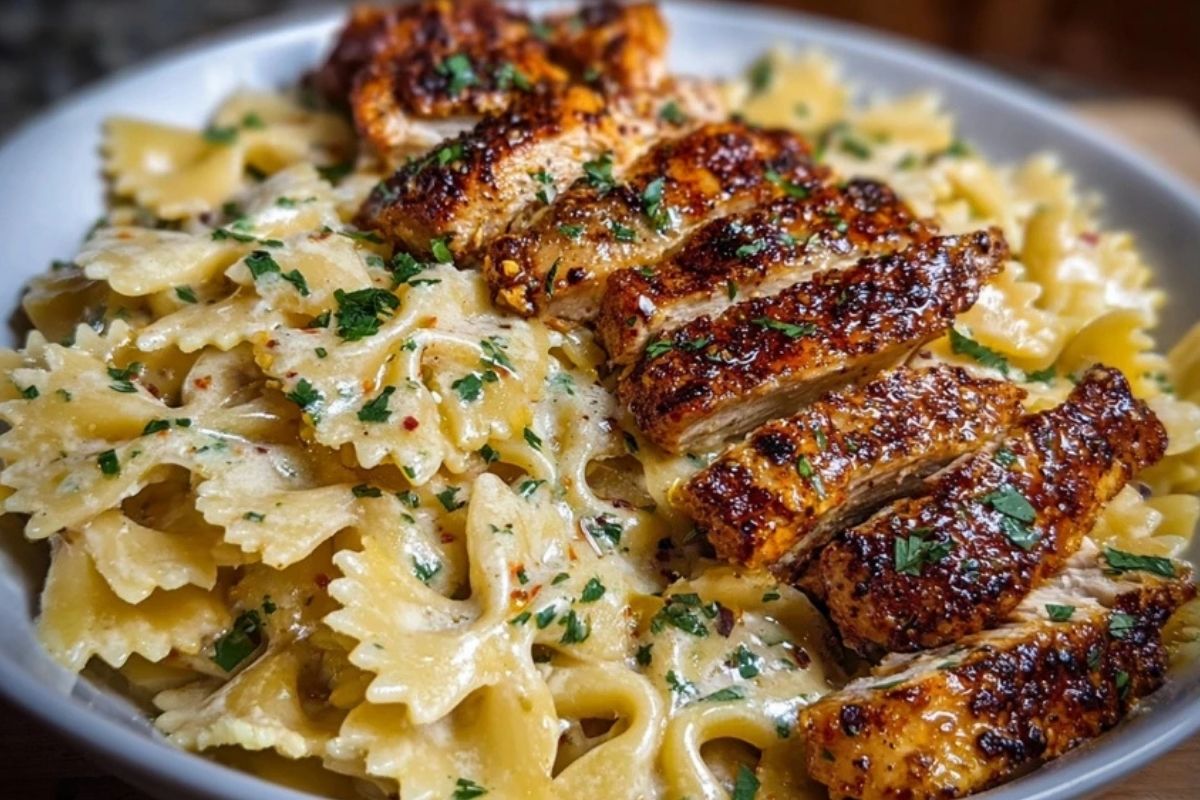 Cheesy Garlic Cajun Chicken Bowtie Pasta in Alfredo Sauce