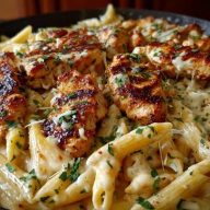 Cheesy Penne and Cajun Chicken in Garlic Parmesan Cream