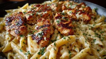 Cheesy Penne and Cajun Chicken in Garlic Parmesan Cream