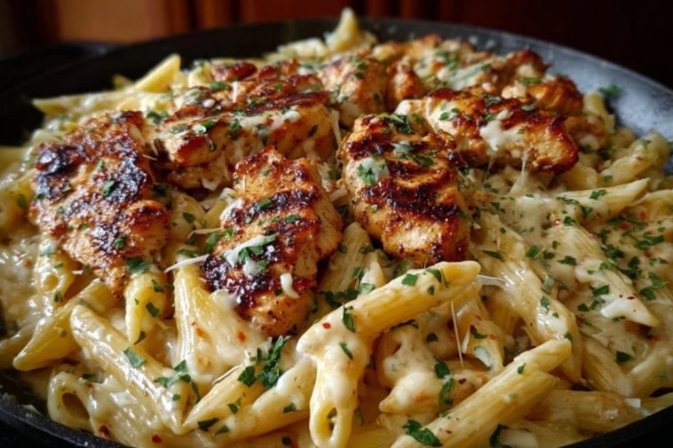 Cheesy Penne and Cajun Chicken in Garlic Parmesan Cream