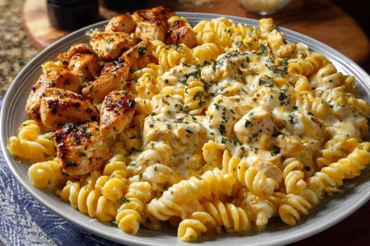 Cheesy Velveeta Chicken Twisted Pasta with Mozzarella Garlic Sauce