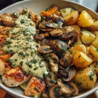 Chestnut Garlic Greek Chicken Alfredo with Sage Potatoes & Mushroom Basil Pesto Cream