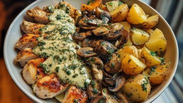 Chestnut Garlic Greek Chicken Alfredo with Sage Potatoes & Mushroom Basil Pesto Cream