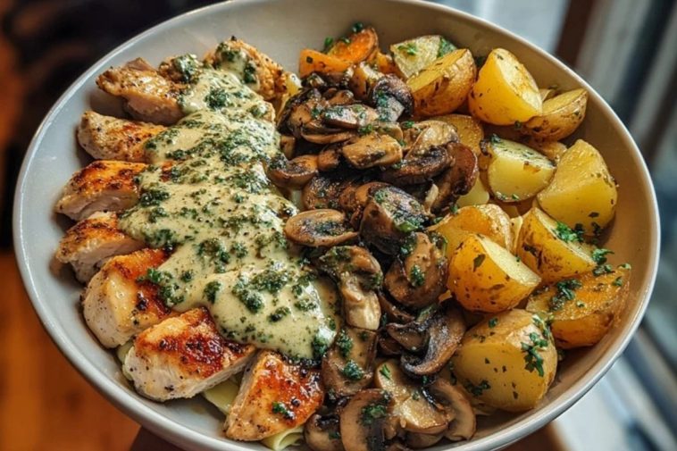 Chestnut Garlic Greek Chicken Alfredo with Sage Potatoes & Mushroom Basil Pesto Cream