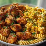 Chili Garlic Butter Chicken Bites with Creamy Cajun Corn Alfredo Twists