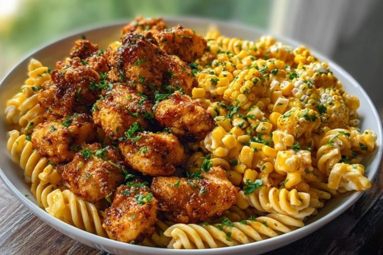 Chili Garlic Butter Chicken Bites with Creamy Cajun Corn Alfredo Twists