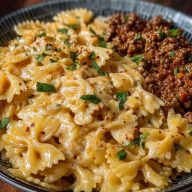 Cheesy Bowtie Pasta with Savory Cajun Ground Beef in Garlic Cream