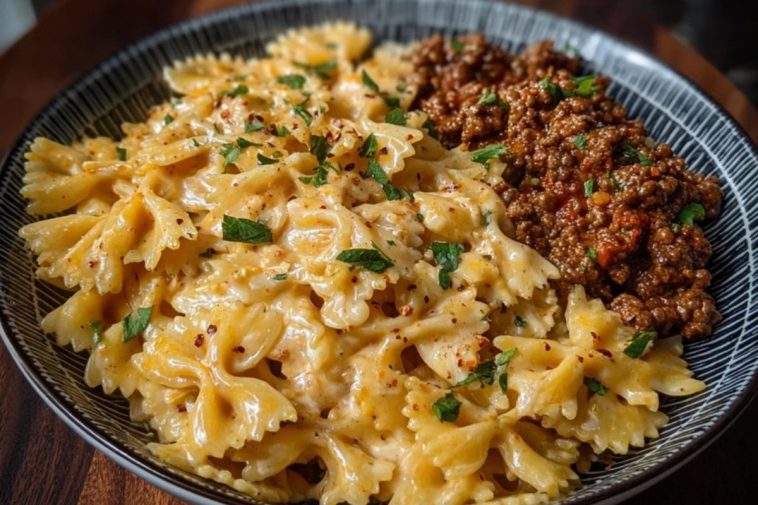 Cheesy Bowtie Pasta with Savory Cajun Ground Beef in Garlic Cream