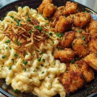 Garlic Butter Chicken Bites & Cajun Alfredo Mac with Crispy Onion Topping