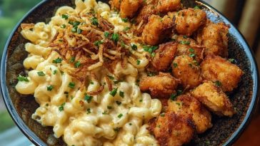 Garlic Butter Chicken Bites & Cajun Alfredo Mac with Crispy Onion Topping