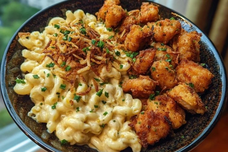 Garlic Butter Chicken Bites & Cajun Alfredo Mac with Crispy Onion Topping