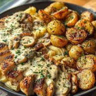 Creamy Mushroom Garlic Chicken Alfredo Recipe with Hot Honey Roasted Potatoes