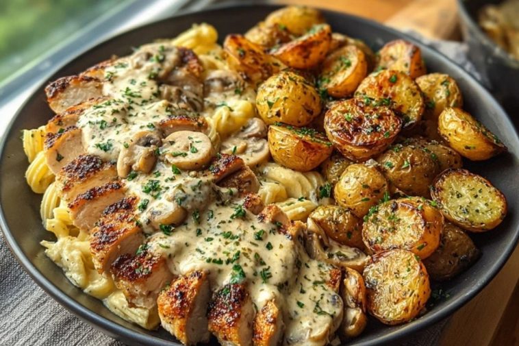 Creamy Mushroom Garlic Chicken Alfredo Recipe with Hot Honey Roasted Potatoes