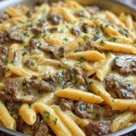 Creamy Velveeta Beef Stroganoff and Penne Pasta