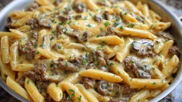 Creamy Velveeta Beef Stroganoff and Penne Pasta