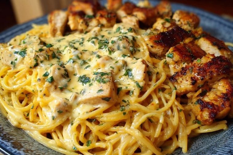 Creamy Velveeta Chicken Spaghetti with Mozzarella Garlic Cheese Sauce