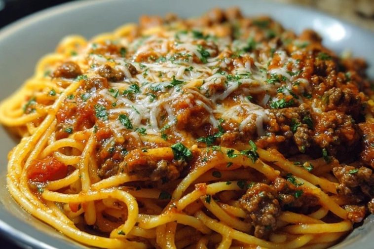Creamy Velveeta Spaghetti with Italian Beef Marinara