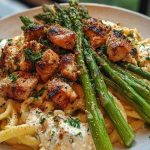 Delicious Greek Chili Chicken Alfredo with Smoked Feta Cream & Crispy Parmesan Asparagus