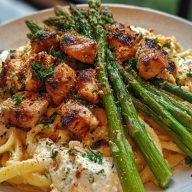 Delicious Greek Chili Chicken Alfredo with Smoked Feta Cream & Crispy Parmesan Asparagus