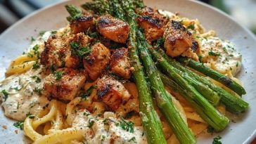 Delicious Greek Chili Chicken Alfredo with Smoked Feta Cream & Crispy Parmesan Asparagus