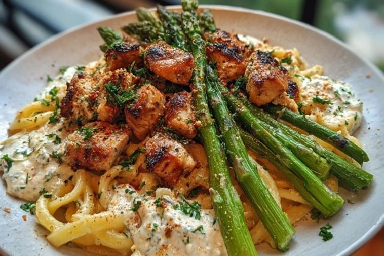 Delicious Greek Chili Chicken Alfredo with Smoked Feta Cream & Crispy Parmesan Asparagus