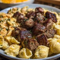 Garlic Butter Steak Bites & Loaded Cheddar Alfredo Shells