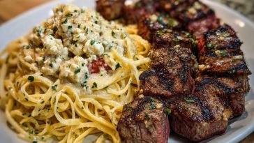 Garlic Butter Steak with Cheesy Linguine in Four-Cheese Sauce
