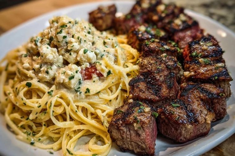 Garlic Butter Steak with Cheesy Linguine in Four-Cheese Sauce