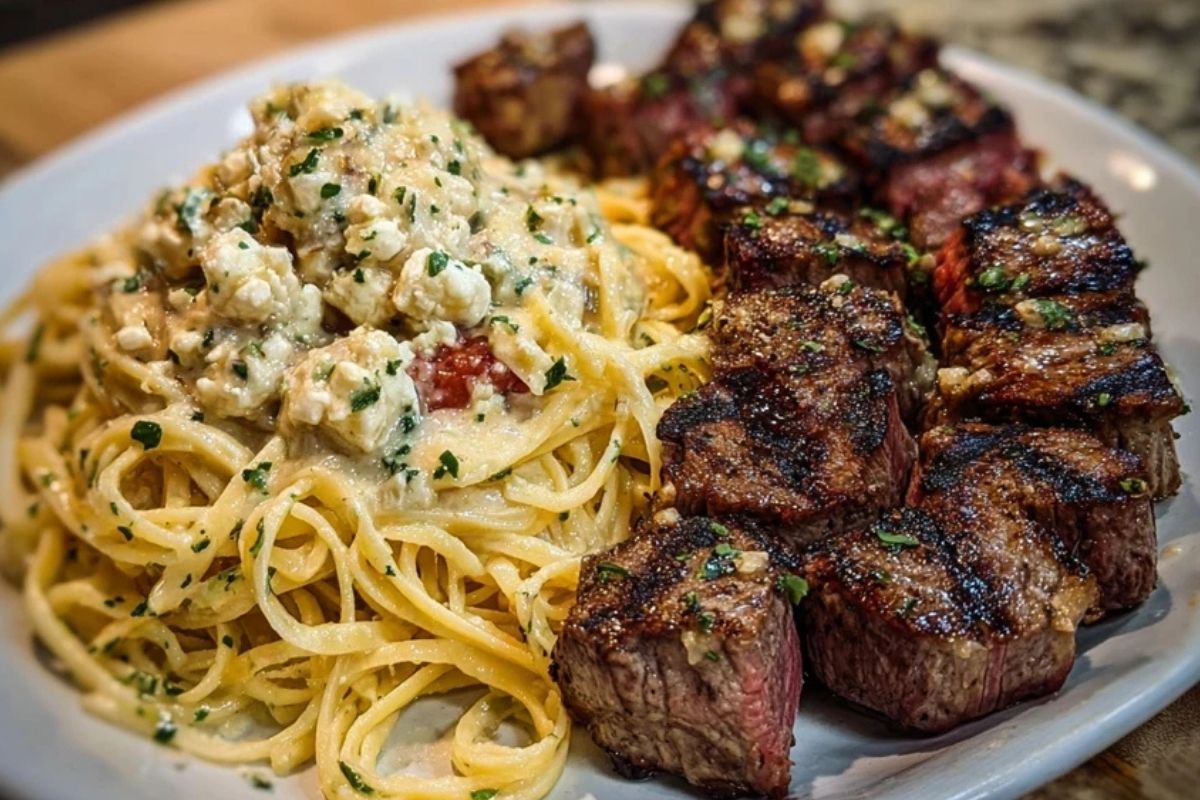 Garlic Butter Steak with Cheesy Linguine in Four-Cheese Sauce