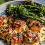 Garlic-Parmesan Chicken Bites with Sun-Dried Tomato Cajun Alfredo & Charred Broccolini