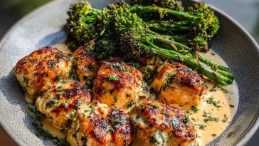 Garlic-Parmesan Chicken Bites with Sun-Dried Tomato Cajun Alfredo & Charred Broccolini
