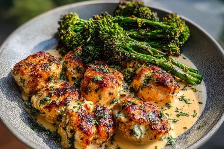 Garlic-Parmesan Chicken Bites with Sun-Dried Tomato Cajun Alfredo & Charred Broccolini