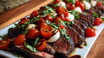Grilled Balsamic Steak Caprese with Mozzarella, Tomatoes, and Basil