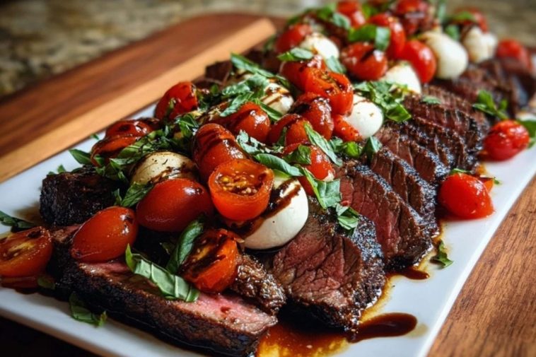 Grilled Balsamic Steak Caprese with Mozzarella, Tomatoes, and Basil