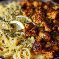 Lemon Garlic Butter Chicken Bites with Savory Parmesan Linguine