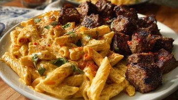 Penne with Creamy Velveeta Four-Cheese and Cajun Beef Bites