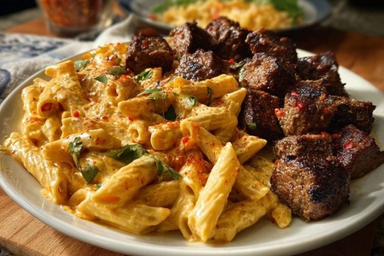 Penne with Creamy Velveeta Four-Cheese and Cajun Beef Bites