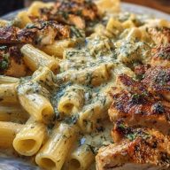 Rigatoni in Cheesy Italian Herb Alfredo with Cajun Chicken